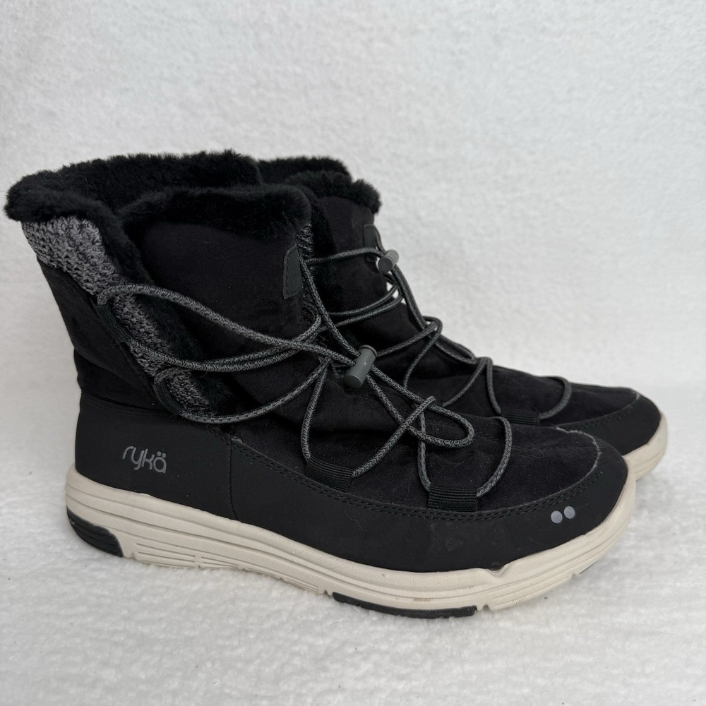 Ryka Aubonne Black Boots With Bungee Lace Faux Fur Lining‎ Women's Size 10W